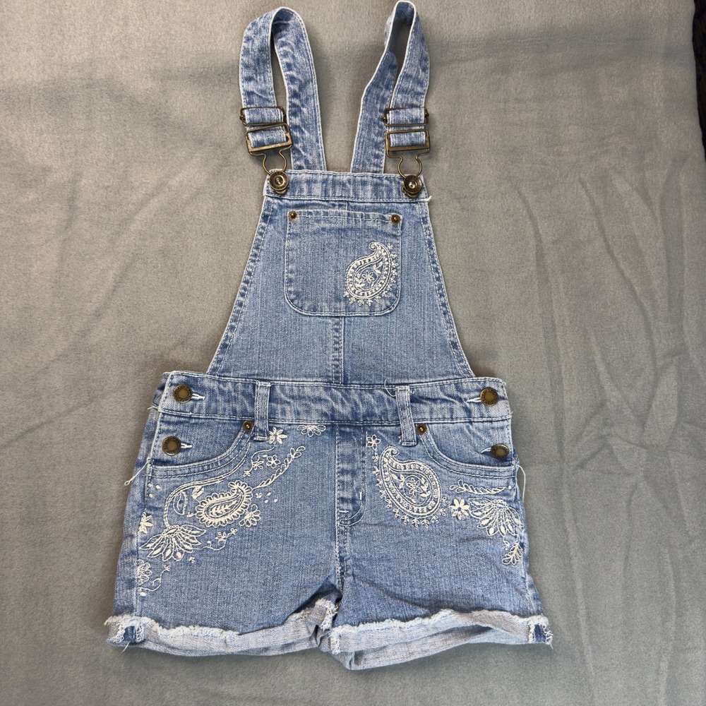 Lucky Brand Girls Blue Denim Paisley Embroidered Shortalls Overalls Size 6
